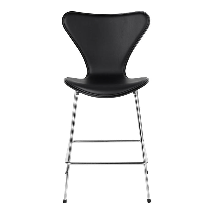 Black modern bar stool with a sleek, curved design and chrome legs. Perfect for contemporary spaces.