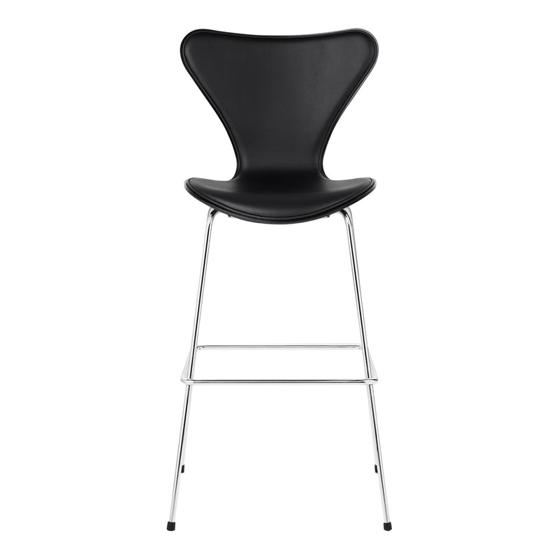 Black curved seat barstool with a sleek metal frame, featuring a minimalist design and elegant silhouette.