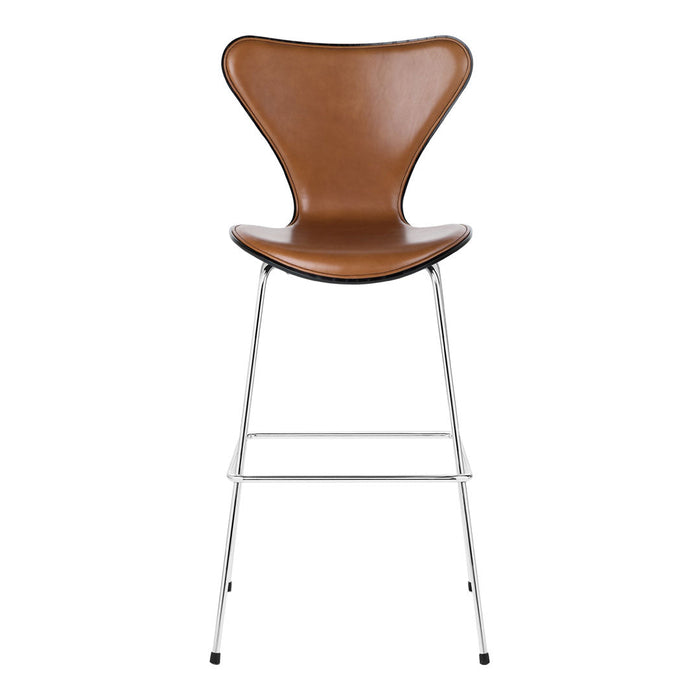 Brown leather bar chair with a sleek, curved design and chrome legs, perfect for modern interiors.