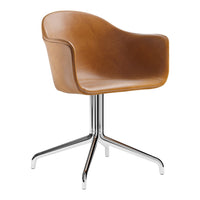 Brown leather chair with a smooth, curved design and shiny chrome legs, adding a modern touch to any space.