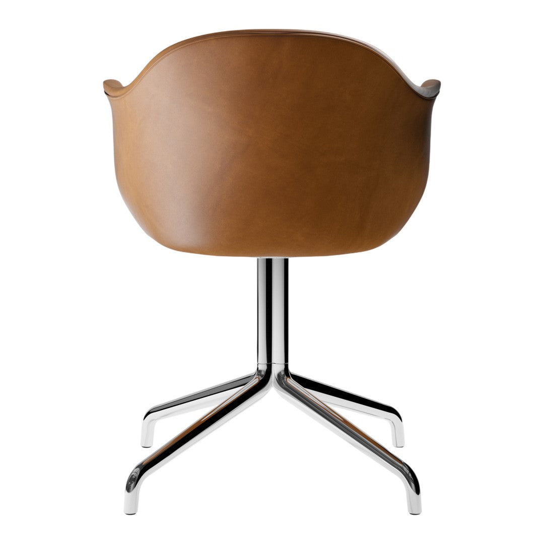 Brown leather chair with a sleek chrome base, featuring a smooth, modern design and curved back.