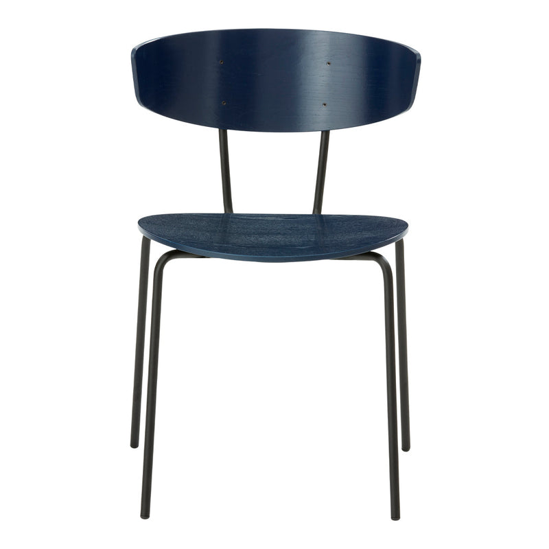 Navy blue chair with a sleek, minimalist design featuring smooth surfaces and matte black metal legs.