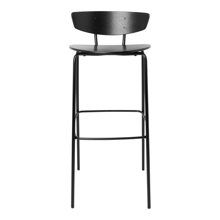 Black bar stool with a sleek minimalist design and smooth finish, perfect for modern interiors.