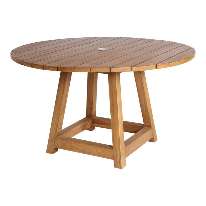 Round wooden patio table in light brown finish with natural slatted design and sturdy, angular legs.