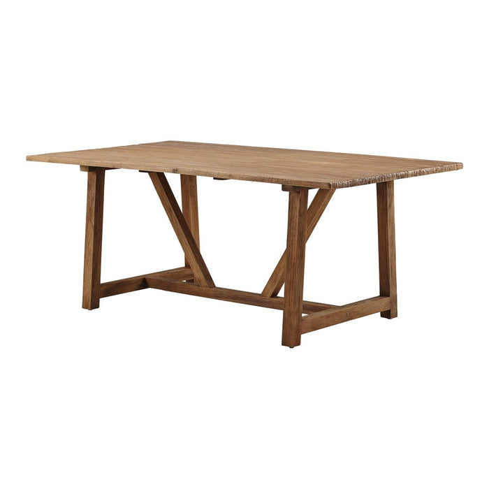 Natural wood finish dining table with a rustic brown color and simple, clean lines. Perfect for casual dining spaces.