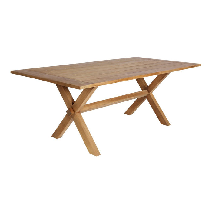 Light natural wood dining table with a smooth surface and cross-legged design, showcasing a warm, rustic finish.