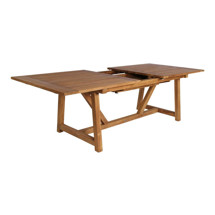Natural wood dining table with rich brown tones and smooth surface, featuring simple, rustic design and sturdy legs.