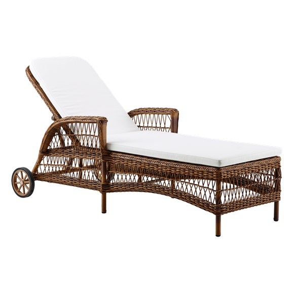 White cushion on brown woven rattan lounger with intricate pattern and smooth finish, perfect for outdoor relaxation.