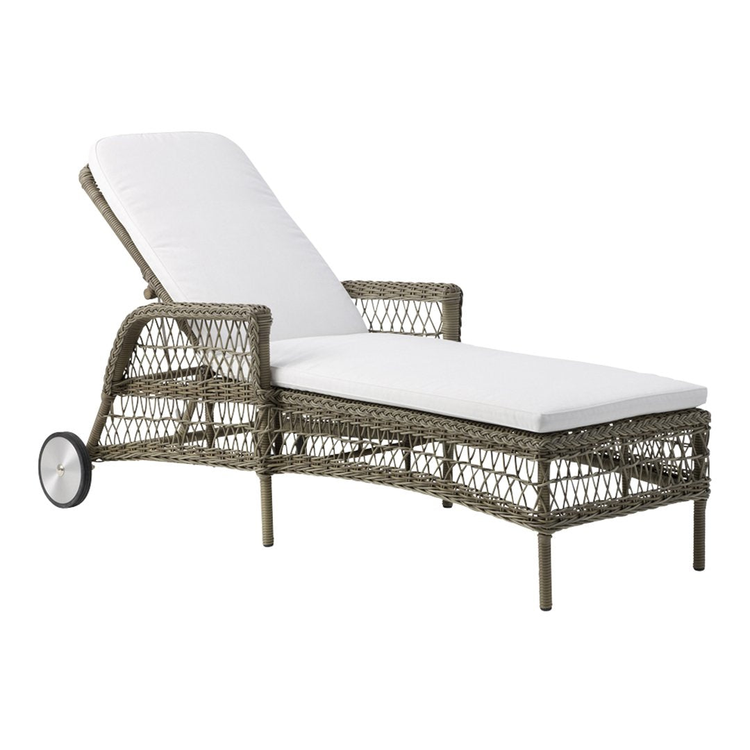 Lightweight lounge chair with a textured gray wicker frame and crisp white cushion, perfect for outdoor relaxation.