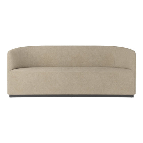 Beige upholstered sofa with a smooth, textured finish and rounded edges, set on a sleek black base.
