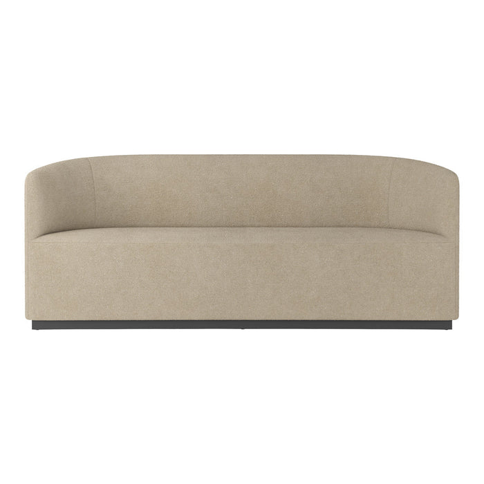 Beige upholstered sofa with a smooth, textured finish and rounded edges, set on a sleek black base.