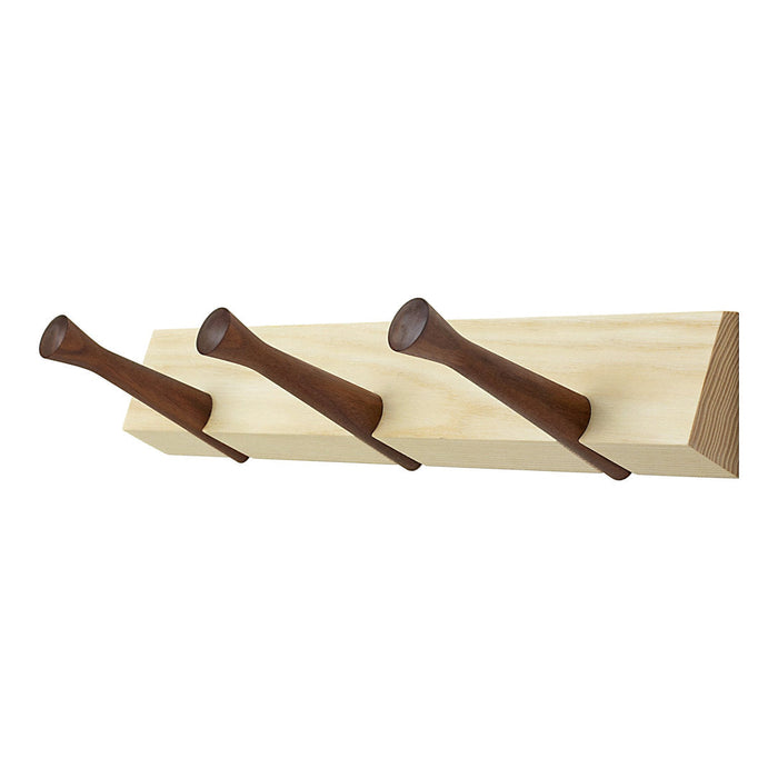 Wooden wall hook rack with a light natural finish and dark brown hooks, featuring a simple and minimalist design.