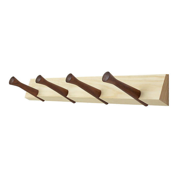 Wooden wall hook rack in natural light wood with dark brown hooks, featuring a sleek, minimalist design.
