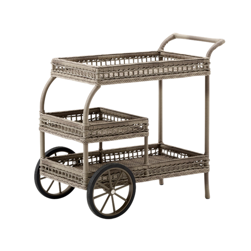 Brown woven rattan serving cart with two tiers and black wheels, showcasing a textured pattern and natural finish.