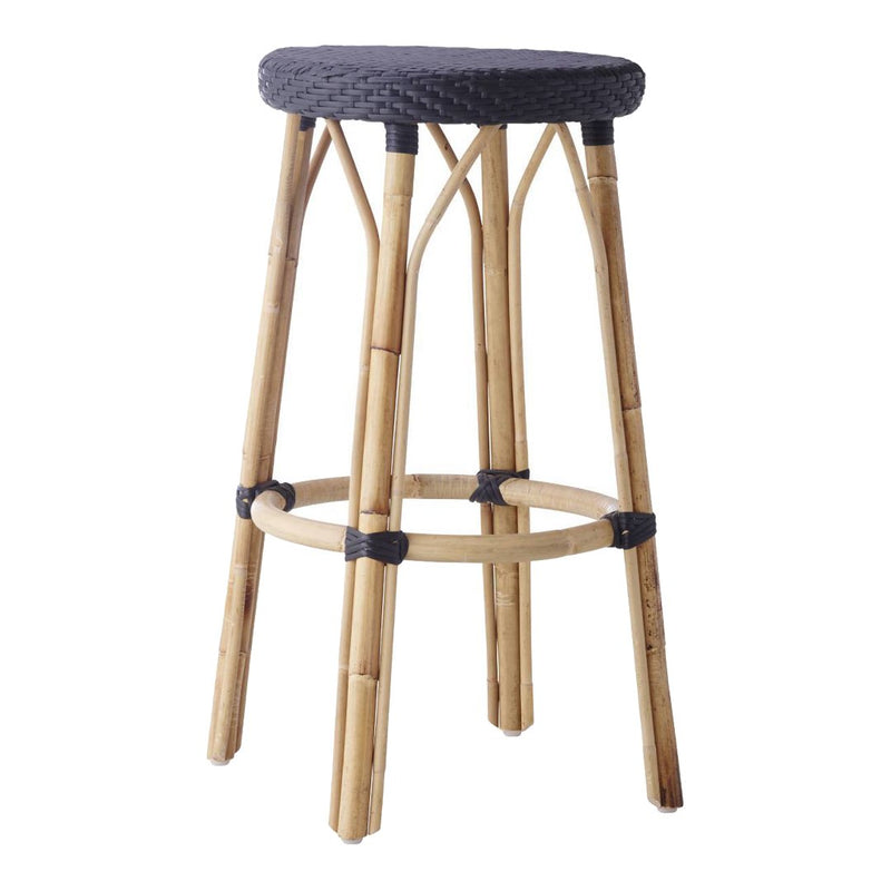 Black woven seat on natural bamboo frame, featuring a minimalist design and contrasting colors. Perfect for modern spaces.