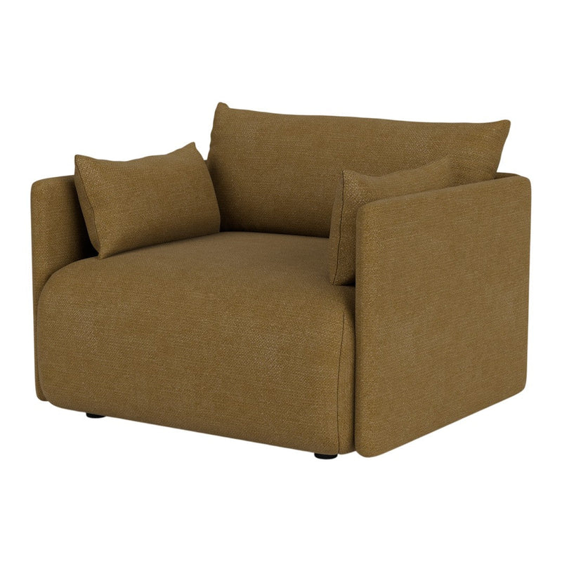 Brown fabric armchair with minimalist design and soft cushions, ideal for cozy living spaces.