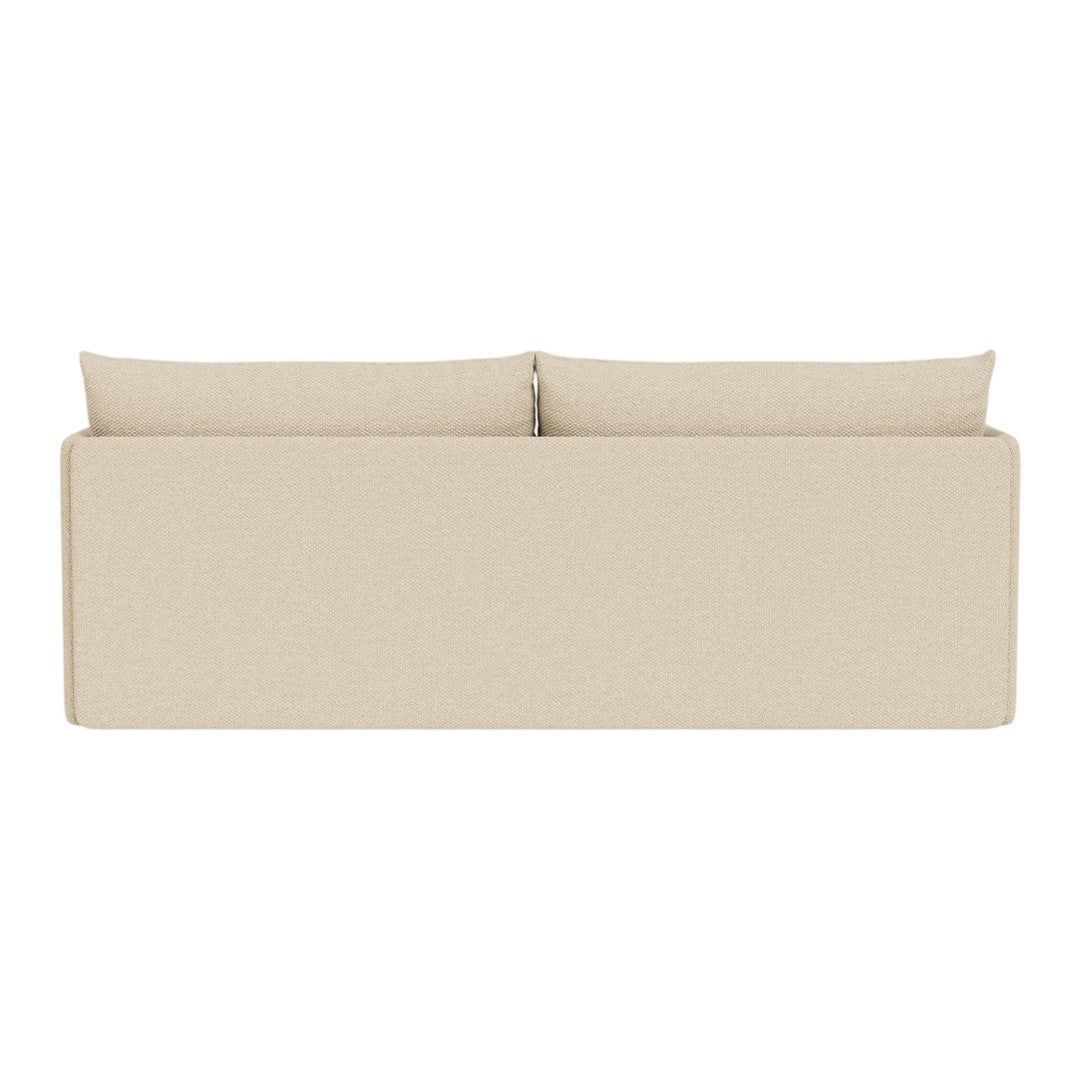 Beige upholstered sofa with a simple, clean design and two cushion backrests, perfect for modern decor.
