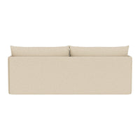 Beige upholstered sofa with a simple, clean design and two cushion backrests, perfect for modern decor.