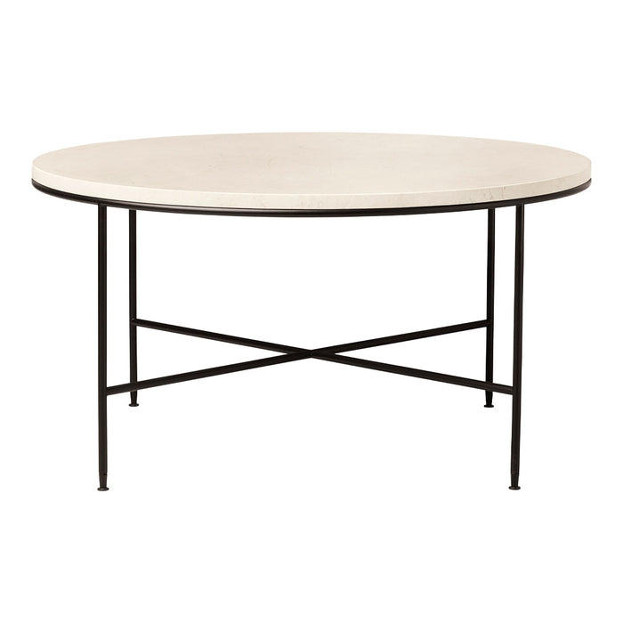 Round table with a sleek white top and black metal legs, featuring a minimalist design with a modern aesthetic.