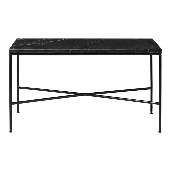 Black marble table with white veining and sleek black metal legs, featuring a modern, minimalist design.