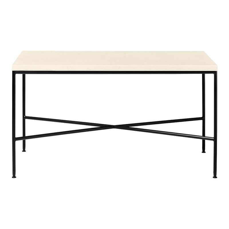 Modern rectangular table with a cream top and black metal legs, featuring a minimalist design and clean lines.