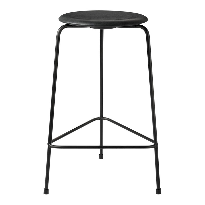 Black metal bar stool with a round seat and sleek, minimalist design. Ideal for modern decor.