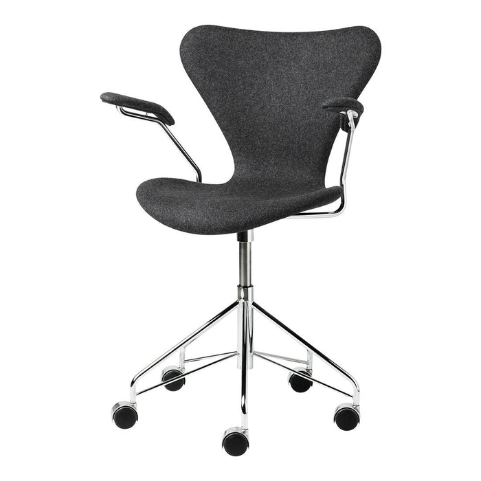 Stylish black desk chair with smooth curves and chrome accents, featuring a textured fabric pattern. Perfect for modern offices.