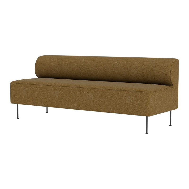 Stylish brown sofa with a smooth texture and minimalist design, featuring a round back cushion and sleek metal legs.