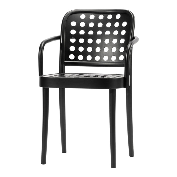 Black chair with circular perforations on the backrest and seat, featuring a sleek, modern design.