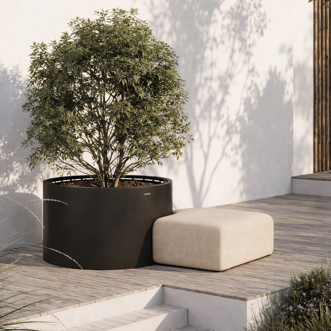 Black round planter with a lush green tree, paired with a soft beige rectangular stool on wooden tiles.