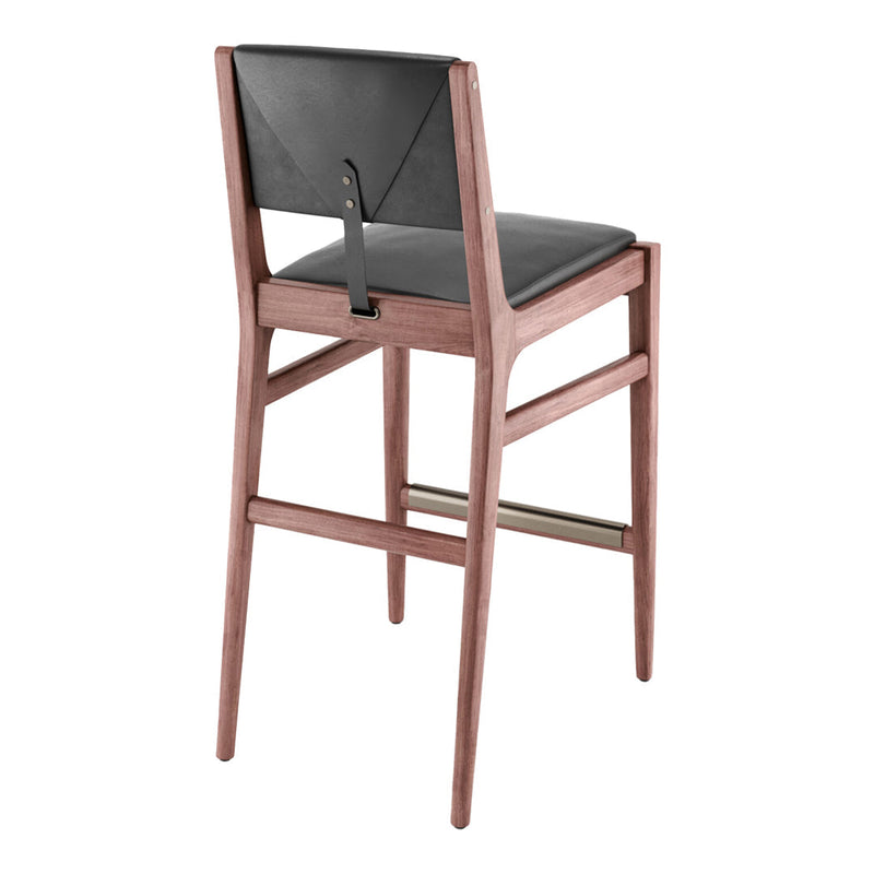 Black leather seat and backrest with a natural wood frame, featuring a sleek, minimalistic design.