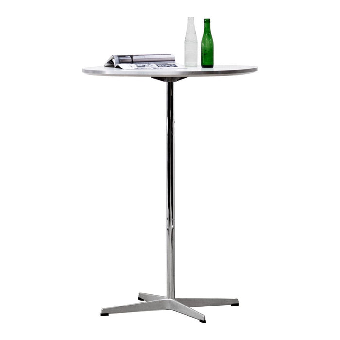 Round white table with a sleek chrome base, perfect for modern decor. Ideal for indoor or outdoor use.