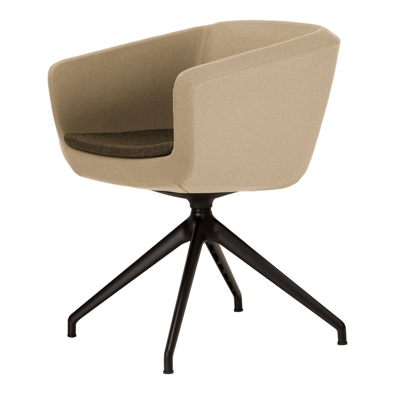 Beige upholstered chair with a dark metal base, featuring a smooth, minimalist design. Perfect for modern decor.