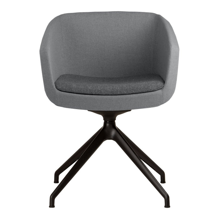 Gray upholstered chair with a sleek, modern design and a black, four-legged base.