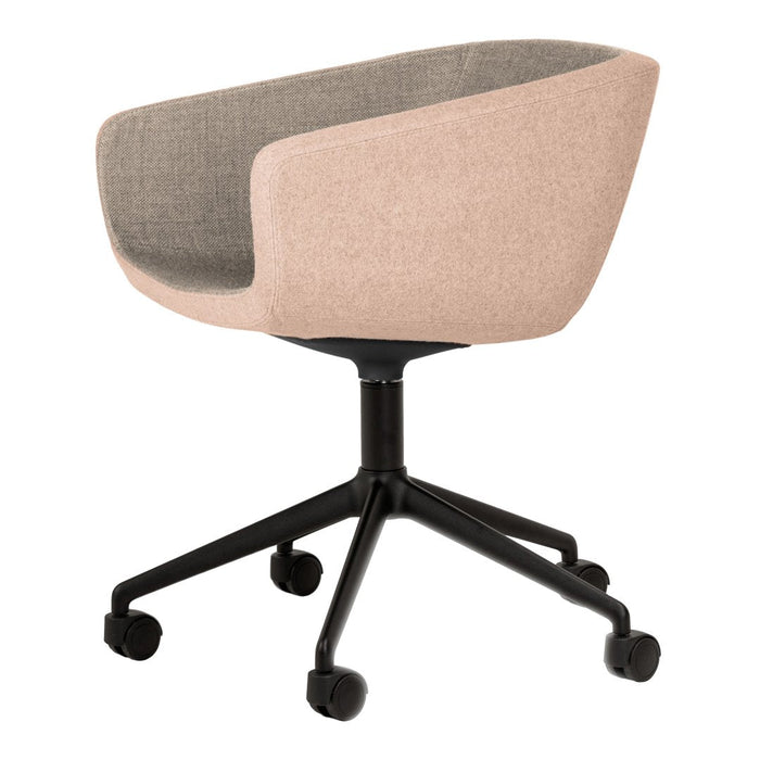 Pink and gray upholstered chair with sleek black metal base and wheels, featuring a modern, minimalist design.