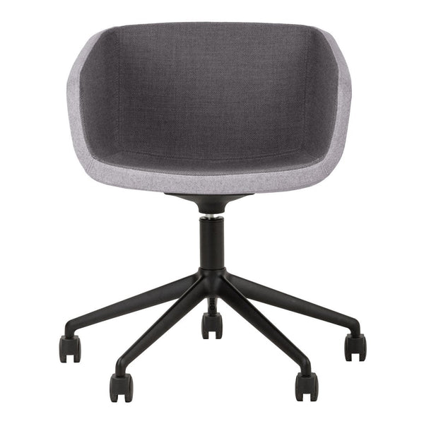 Gray fabric office chair with a sleek, modern design and a black five-point wheeled base.