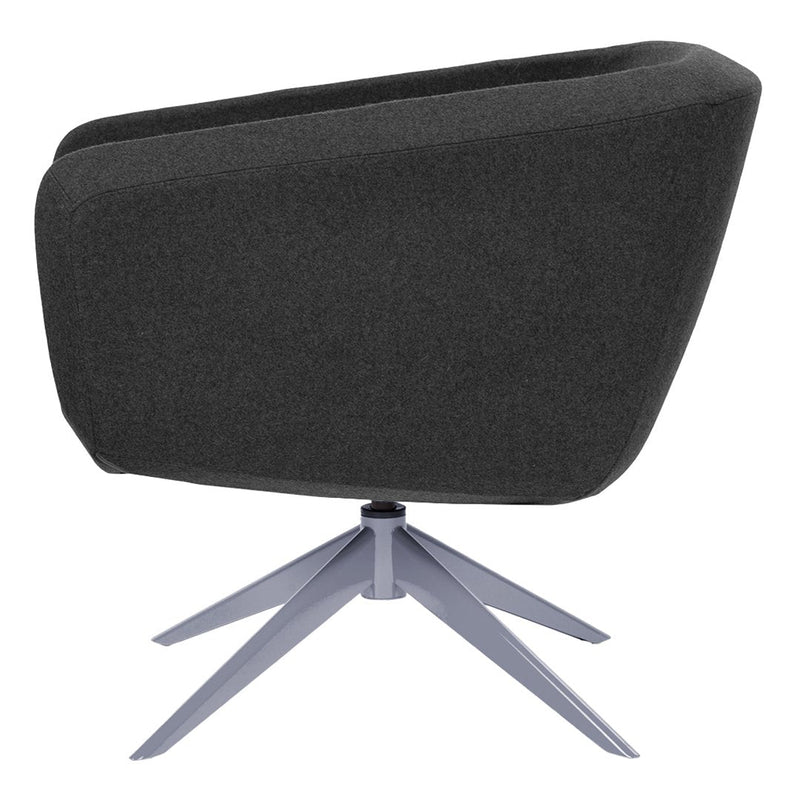 Modern black upholstered chair with a sleek gray metal base, featuring a minimalist, geometric design.