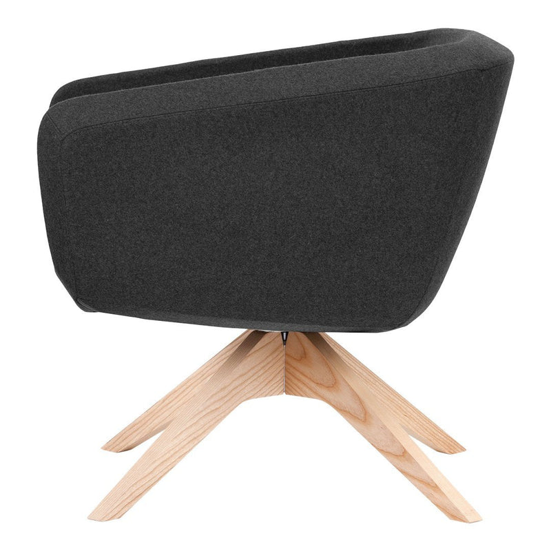 Gray upholstered chair with a modern design, featuring a sleek, solid wood base in a natural finish.