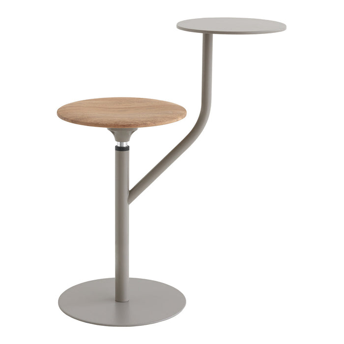 Modern two-tier side table featuring a natural wood top and sleek gray metal base, offering a minimalist design.