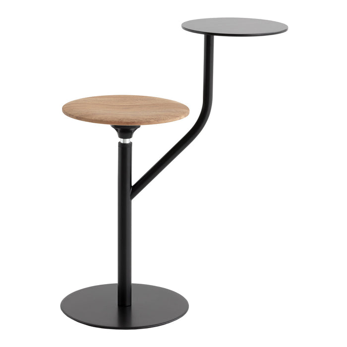 Two-tiered table with a natural wood top and sleek black metal base, showcasing a modern minimalist design.