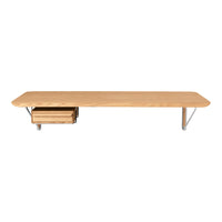 Light wood finish with a smooth surface and a single drawer. Minimalist design with clean lines for modern decor.