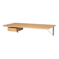 Light natural wood desk with a smooth finish and a minimalist design, featuring a single drawer and metal legs.