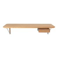 Light natural wood coffee table with a smooth finish and single drawer, featuring minimalist design and sleek metal legs.