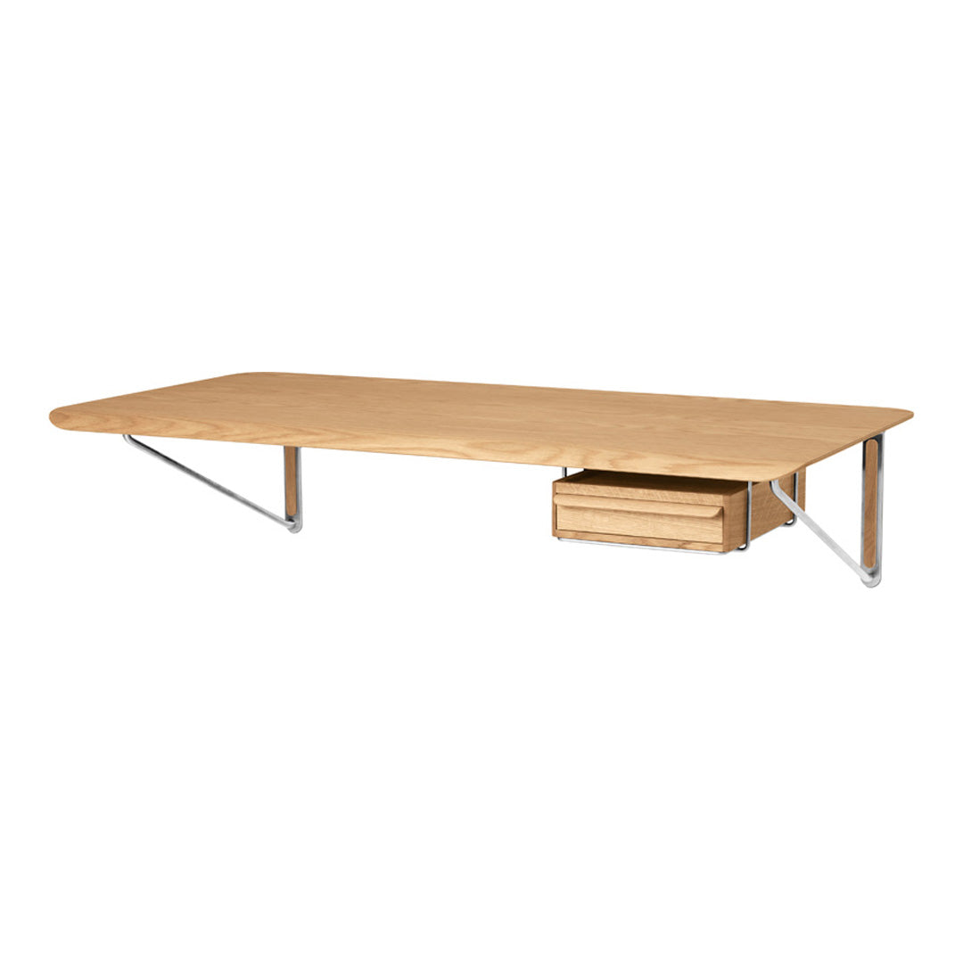 Light wood desk with a smooth natural finish and sleek chrome drawer details, perfect for modern decor.