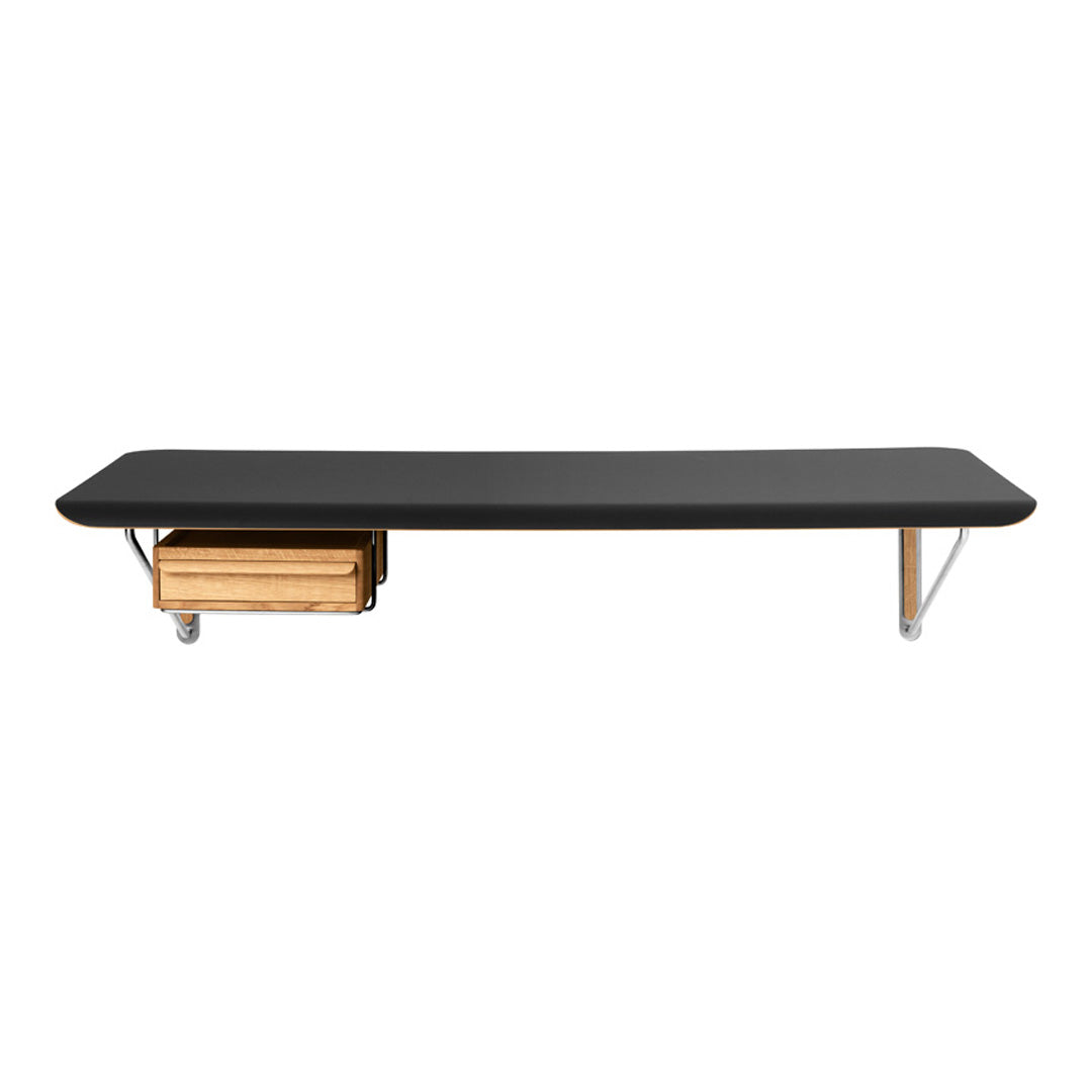 Sleek black tabletop with natural wood drawer and metallic legs, offering a modern and minimalistic design.