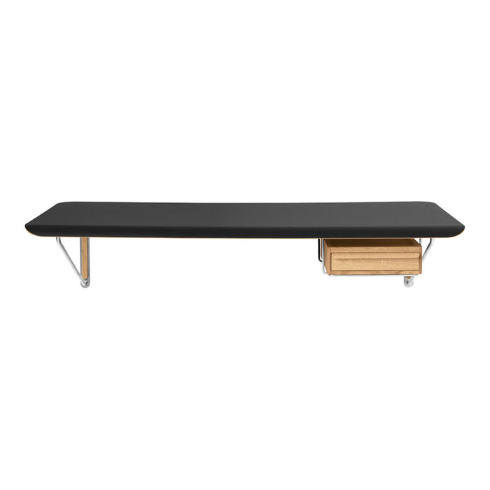 Sleek black tabletop with natural wood accents and a minimalist design. Modern coffee table featuring a single drawer.