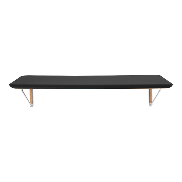 Black rectangular tabletop with natural wood legs and sleek silver supports, minimalist design ideal for modern decor.