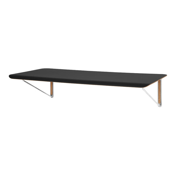 Sleek black tabletop with minimalist wood and metal legs, featuring a clean, modern design.