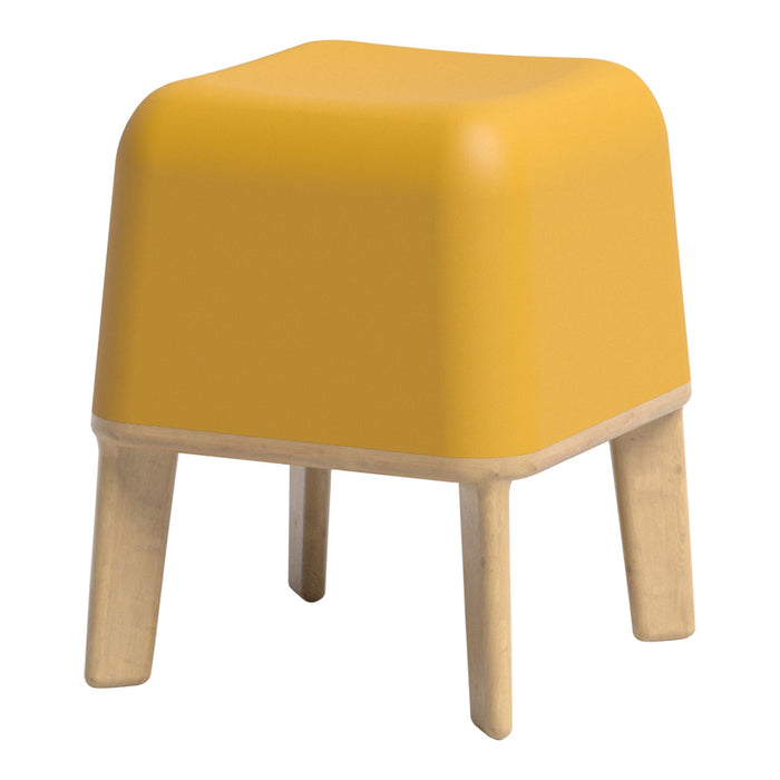 Yellow square stool with a smooth finish and natural wood legs, perfect for modern decor.