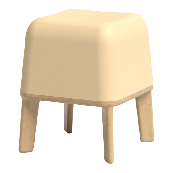 Cream-colored stool with a smooth, rounded design and natural wood legs, perfect for any modern decor.